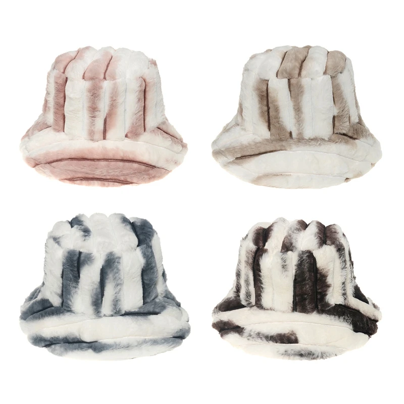 

Fashion Solid Color Faux Rabbit Fur Wool Bucket Plush Striped Hat Casual Winter Fall Warm Fisherman Fit for Home G5AE