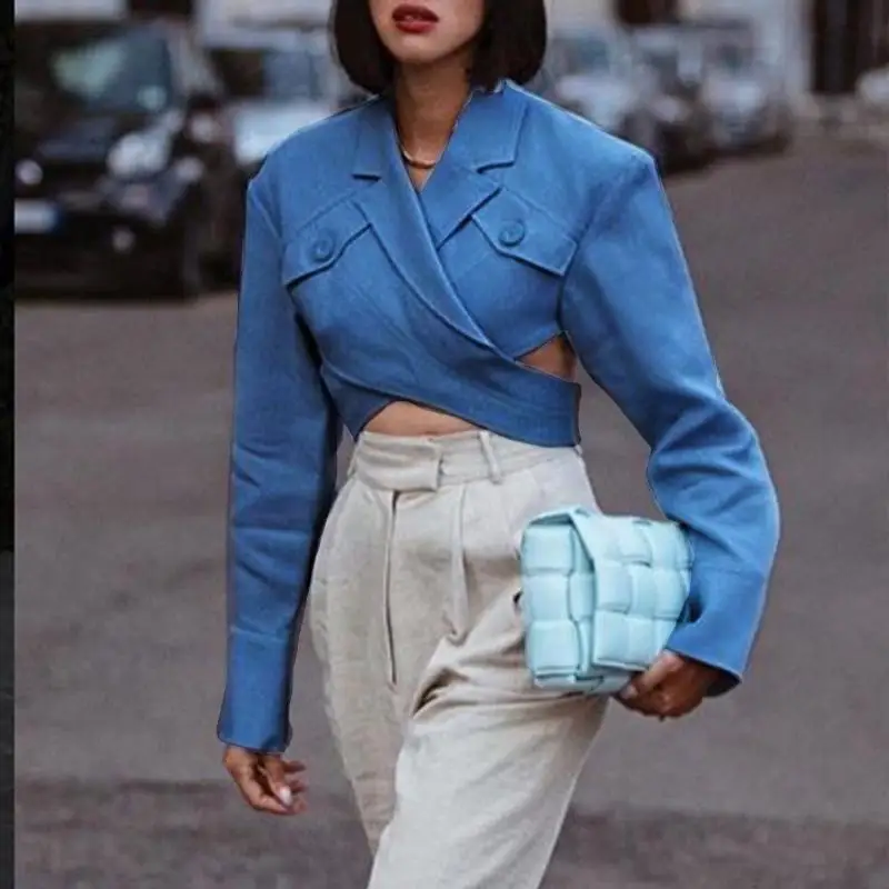 Misswim Elegant long sleeve crop top Blazer coat women Autumn buttons blazer female Cross strap fashion outwear Streetwear new