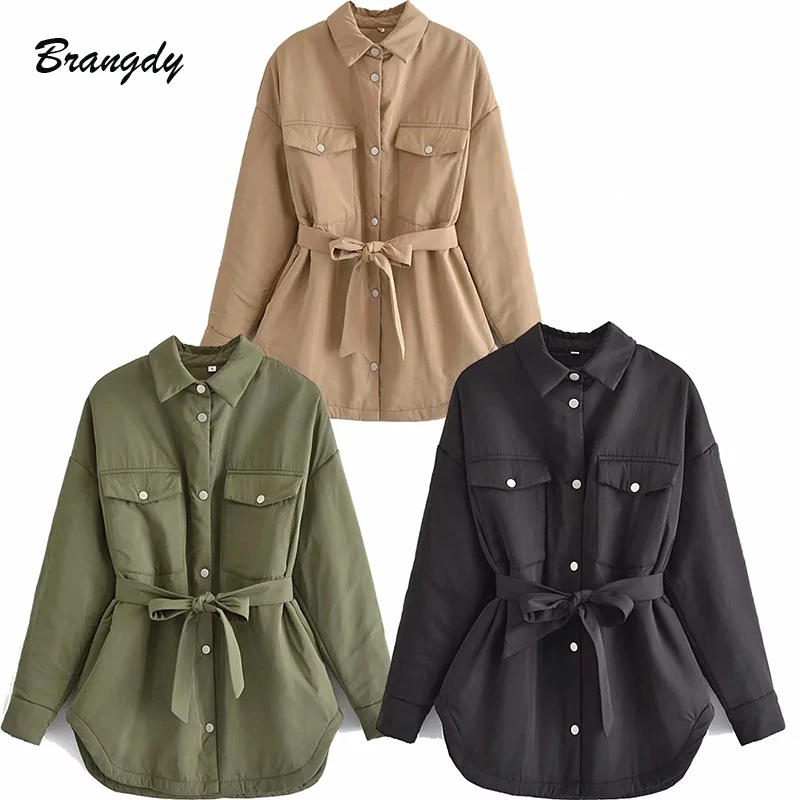 

Za Women's Autumn Jacket With Belt Pocket Thin Parkas Khaki Female Winter Shirt Parka Coats Armygreen Oversized Winter Outwears