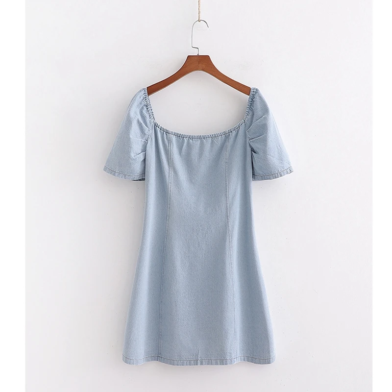 Летнее джинсовое платье с коротким рукавом и квадратным воротником Лидер продаж