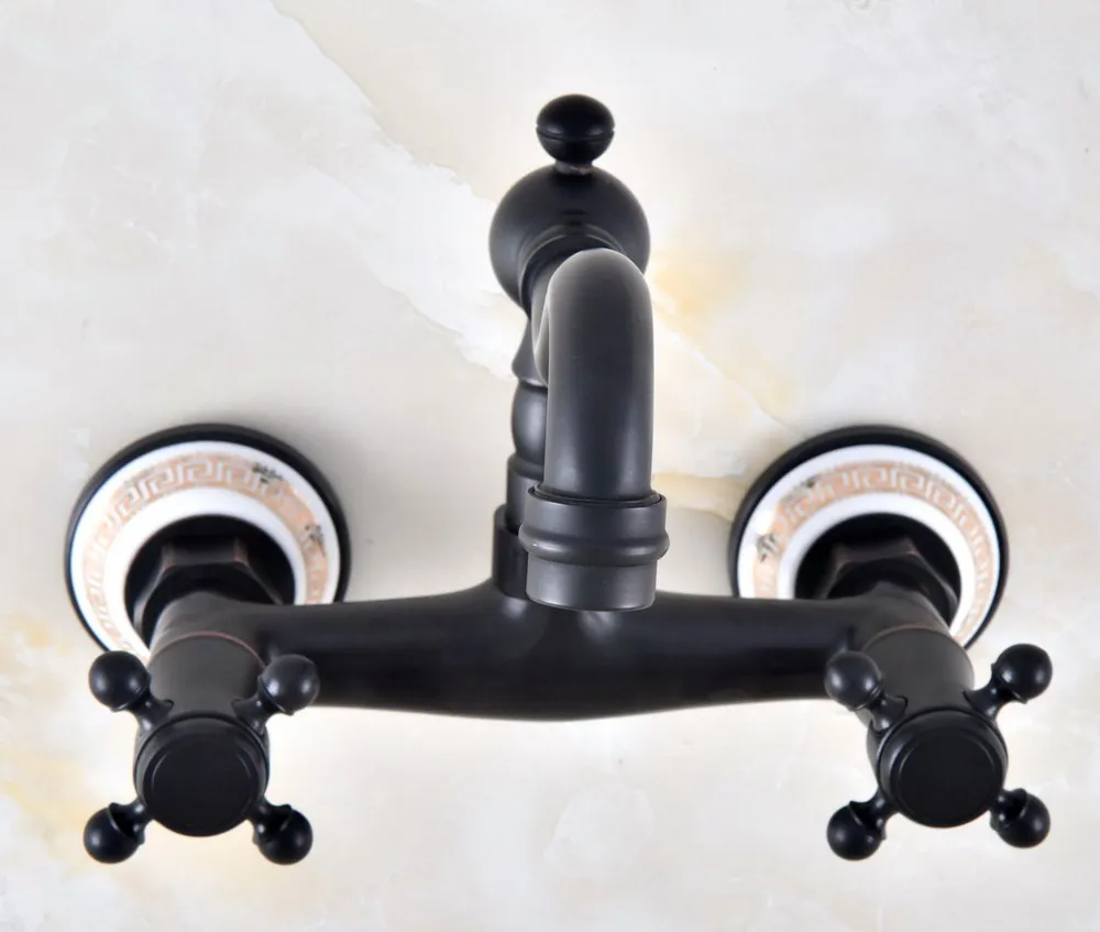 

Black Oil Rubbed Bronze Ceramic Base Wall Mounted Bathroom Kitchen Sink Faucet Swivel Spout Mixer Tap Dual Cross Handles anf871
