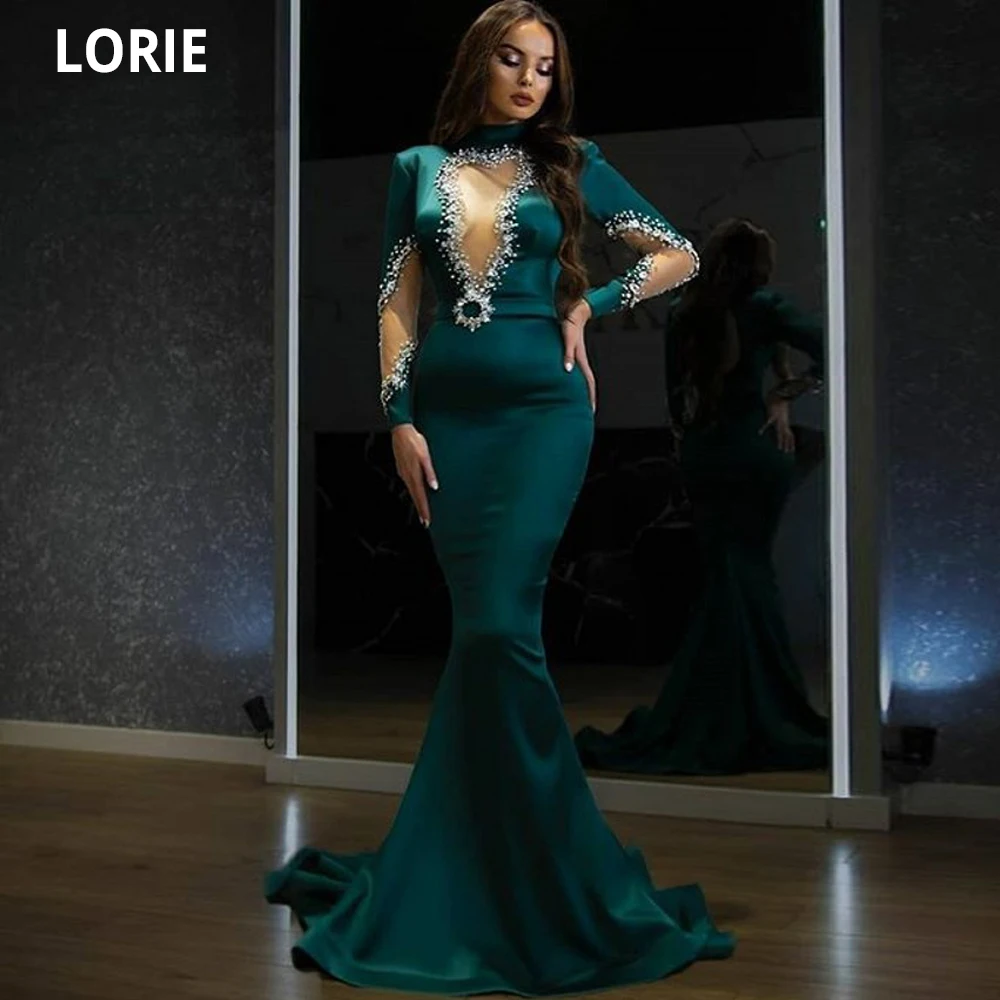 LORIE vestido de noche árabe con cuello alto y cuentas, manga larga, para baile de graduación, verde, Dubai, satén, para fiesta, saknie, wieczorowe, 2021 (0)