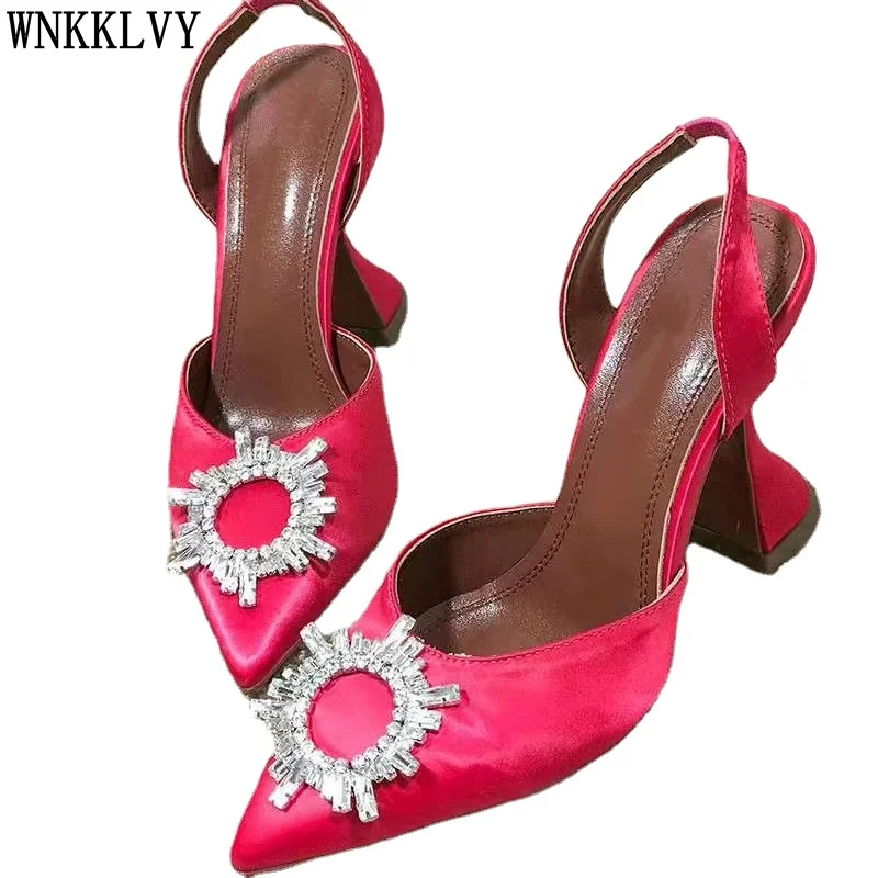 

Sandals women high heels runway design crystal sun flowers decor 2020 pointed toe slingback satin pumps cup heel stilettos