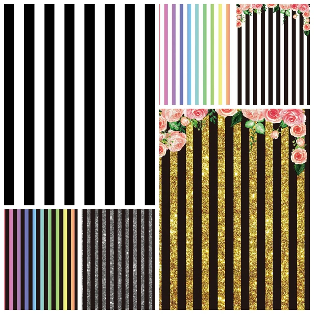 

White Black Stripe Flower Golden Backdrop Baby Birthday Party Custom Vinyl Photography Background For Photo Studio Photophone