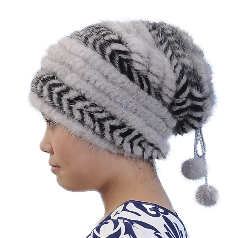 Natural Real Mink Fur Hat Women Winter Warm Ear Protection Fashion  Stripes Big Cap  2020 New Design R5