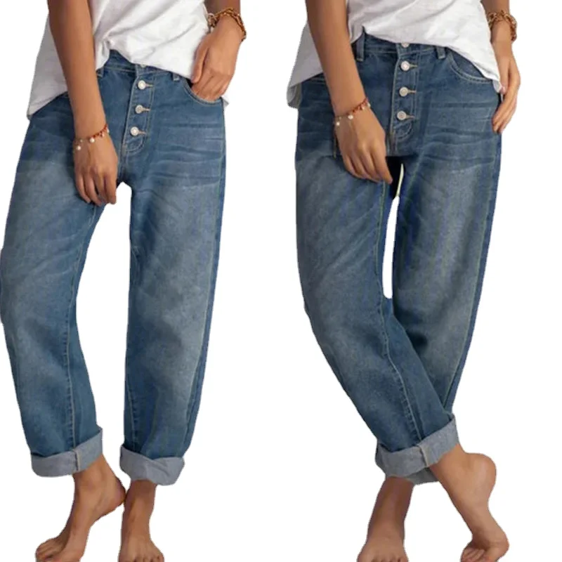 

2021 New Loose casual All-match simple and thin denim straight leg pants women's high-waisted wide-leg Retro plus size overalls