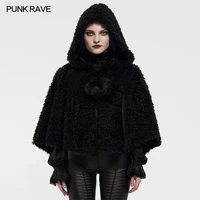 punk rave lolita heart shaped hollow plush cape ball cap rope design black loose medium length coat personality jacket with hat