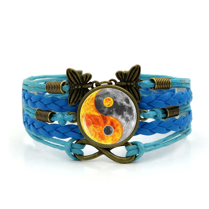 

Chinese element Yin Yang Tai Chi flame symbol bracelet crystal glass handmade cabochon woven leather bracelet ladies gift