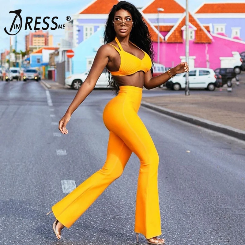 INDRESSME новинка 2019 сексуальный укороченный топ с лямкой на шее и расклешенные штаны