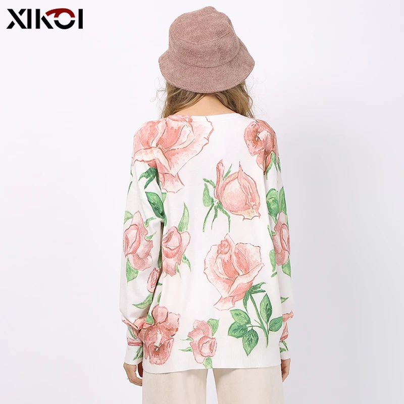 XIKOI с романтичной розой австралийская печати длинный вязаный свитер для женщин