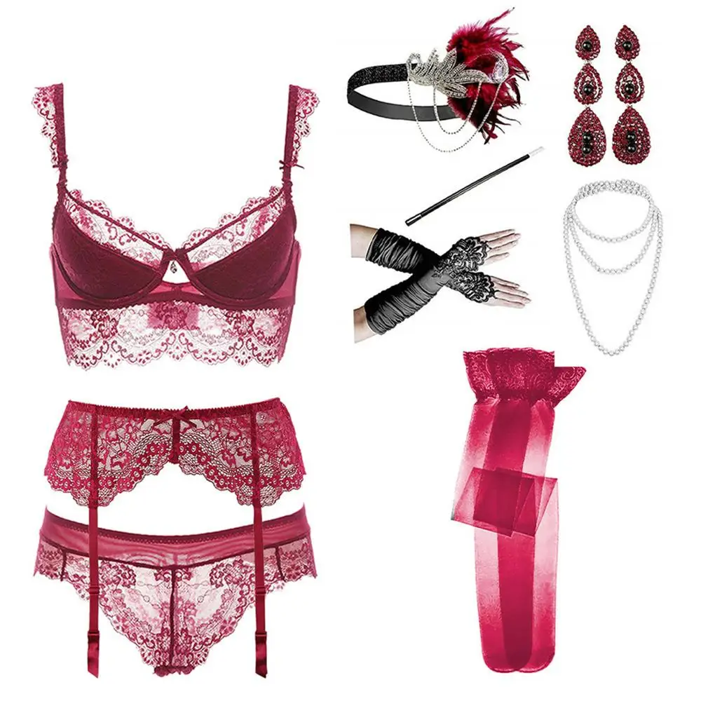 

SXTHAENOO Sexy Lace 1920s 5pcs+ Bras+Panties+Garters+Stockings Erotic Underwear Set 9pcs/lots For Women