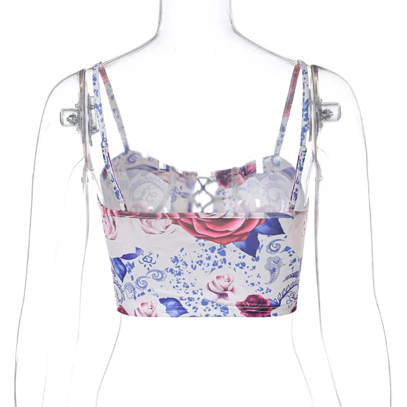 

Women Sexy Crop Tops Rose Pattern Print Chest Criss-cross Drawstring Hollow Out Camis Fashion High Streetwear Summer