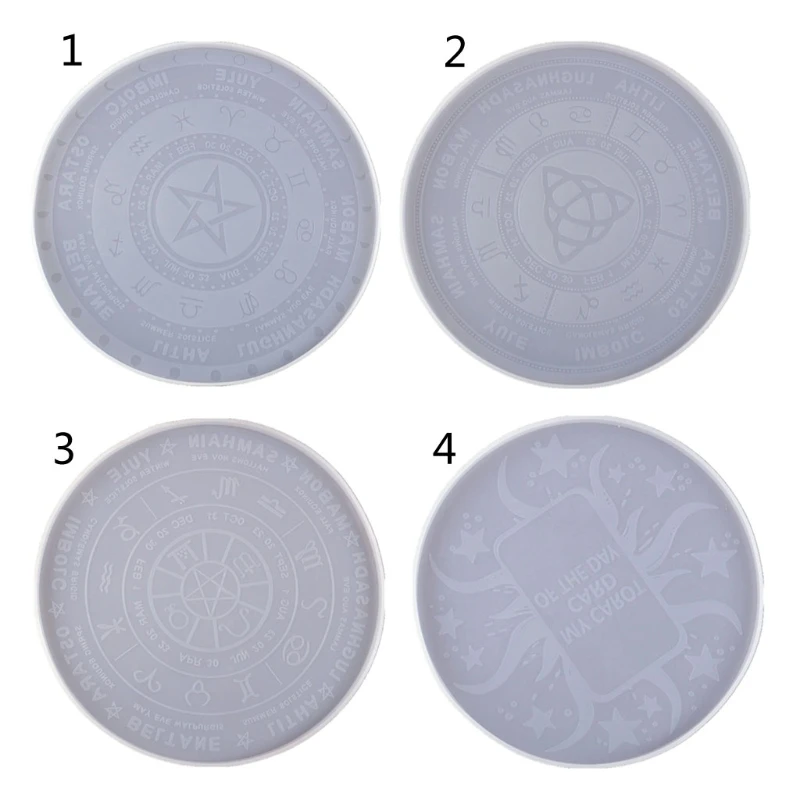 

4Pcs Pendulum Mat Astrology Zodiac Board Epoxy Resin Mold Sun Moon Star Tarot Card Tray Round Resin Mold Witchcraft Tool