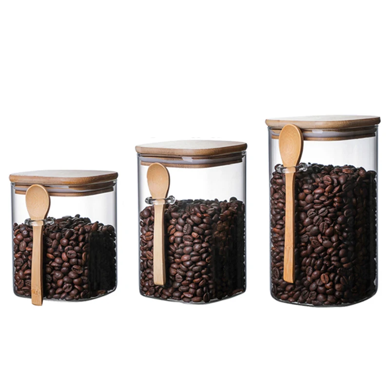 

High Borosilicate Glass Sealed Jar With Spoon Bamboo Covered Coffee Bean Tea Seasoning Storage Tank Miscellaneous Storage Bottle