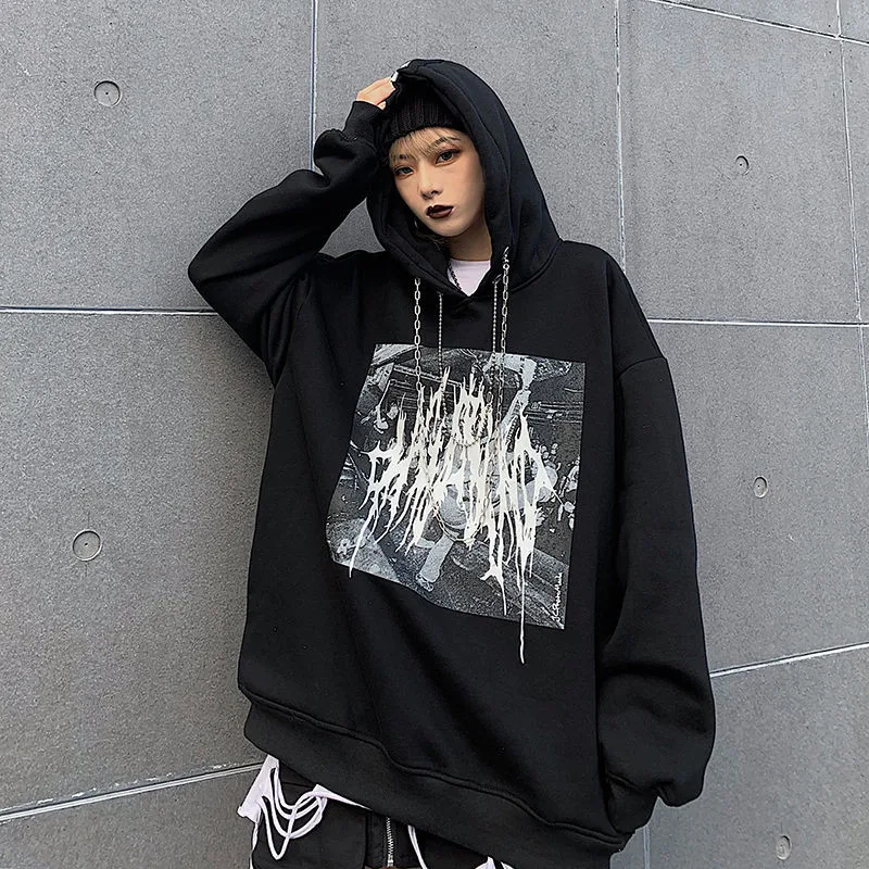 Женские толстовки с капюшоном Черный серый цвет цепочка принтом свободная