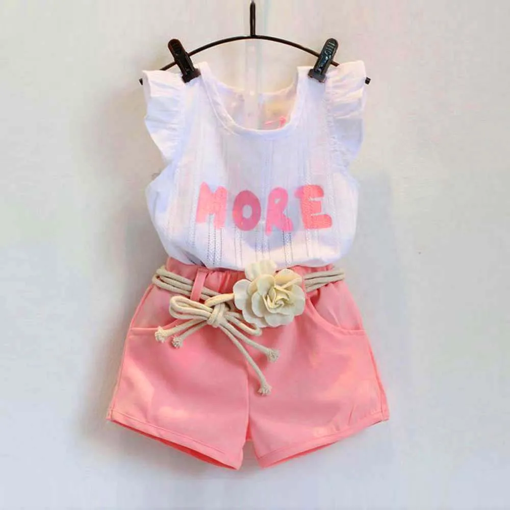 

Summer Children's Clothing Toddler Kids Baby Girls Print Sleeveless T-Shirt+Shorts+Belt Outfits Kids Girls Clothes Set