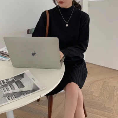 Винтажный элегантный вязаный свитер FINEWORDS корейское осенне-зимнее черное