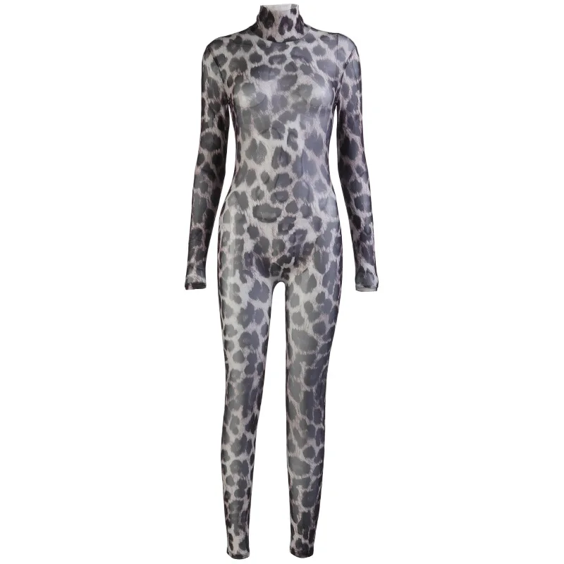 

Leopard Jumpsuit Club Playsuit Women Print Pants High Neck Long Sleeve Sexy Open Back Mesh Transparent Breathable Rompers 2021