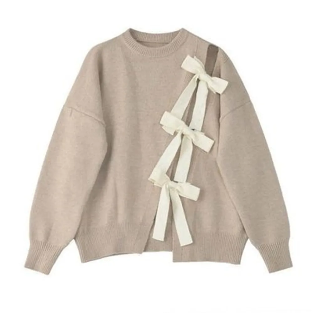 

Autumn Fall Sweet Bow Sweaters Women Girl Irregular Loose Casual Knitted Pullovers Oversize Fashion Knitwear Jumpers Cloth Tops