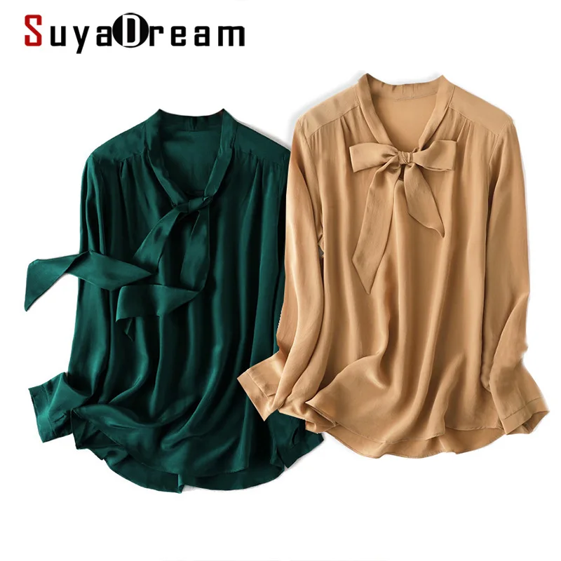 

SuyaDream Женская шикарная блузка из 100% натурального шелка с длинными рукавами, однотонная блузка с бантом и воротником, рубашка для офисной лед...