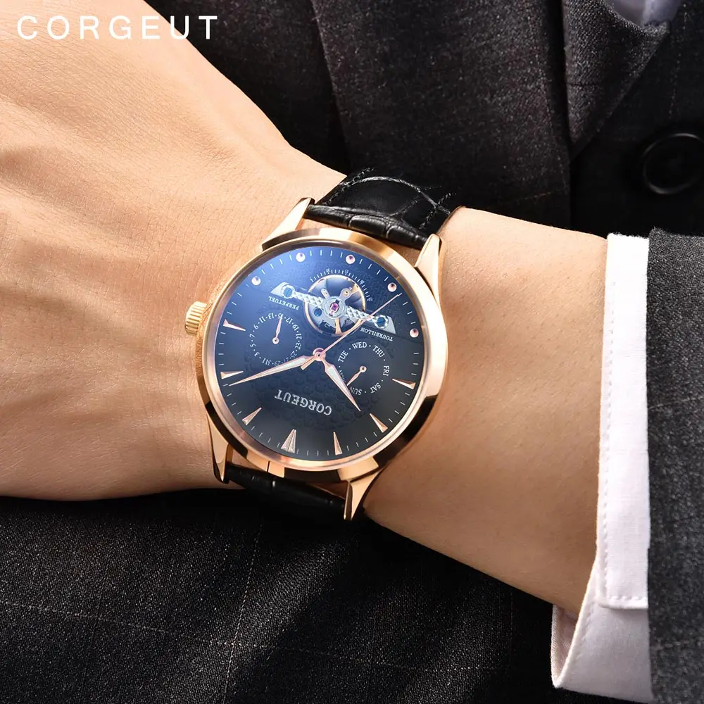 Corgeut 44 мм черный циферблат маленький купольный стеклянный розовый Золотой корпус