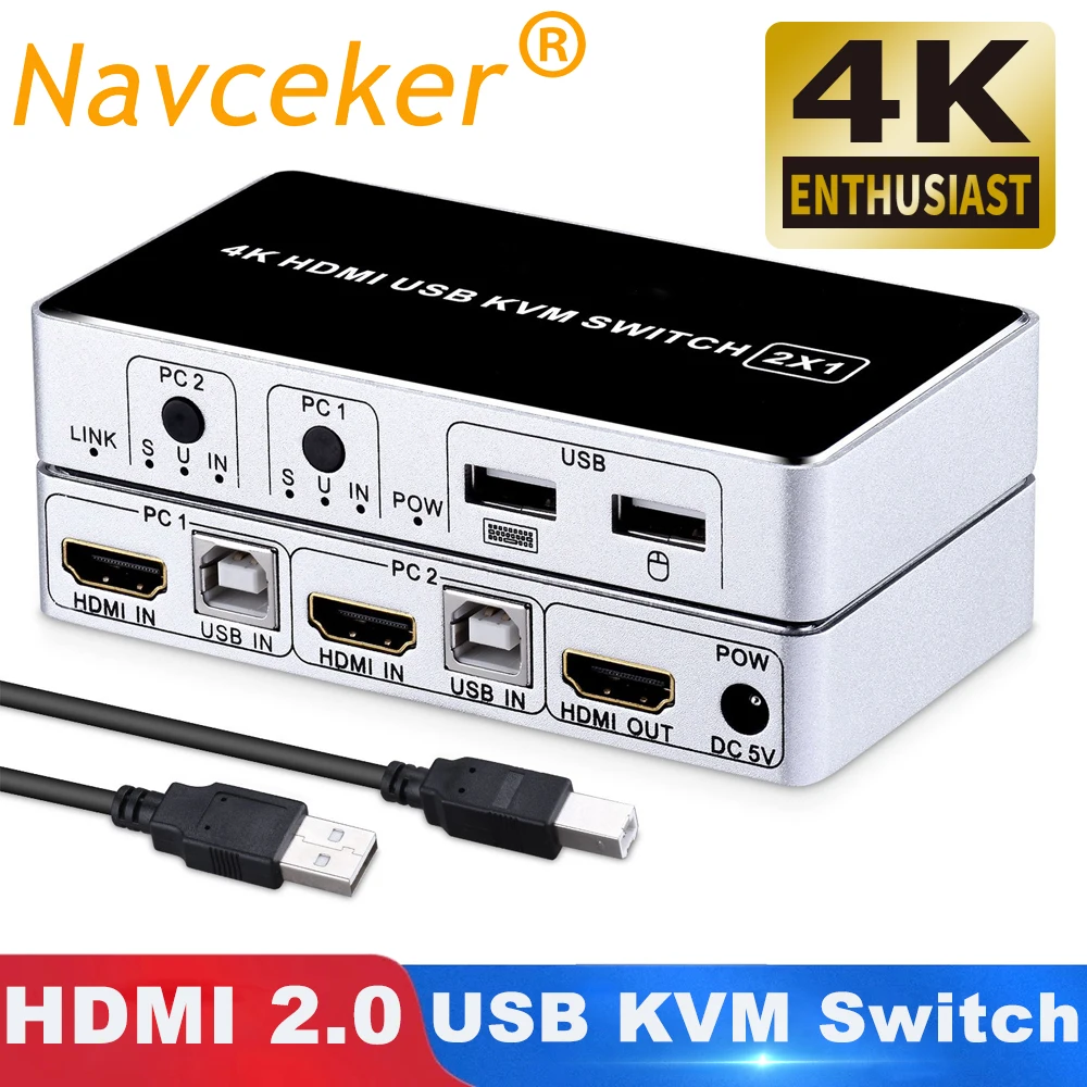 2020 4K 60Hz KVM переключатель HDMI 2 порта USB ПК компьютер клавиатура мышь коробка для