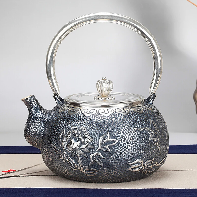 

Peony handmade silver pot 999 sterling silver kettle boiling kettle household silver teapot Kung Fu tea set about 860 g,1000ml