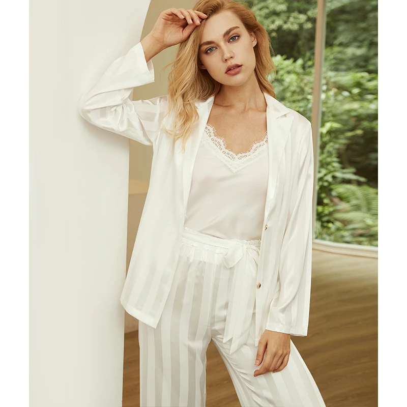 Women's Pajamas Set 3 Pieces Stripe Long Sleeve Sleepwear Silk Satin Pijama Suit Nightwear Home Suit Female Casual Clothes