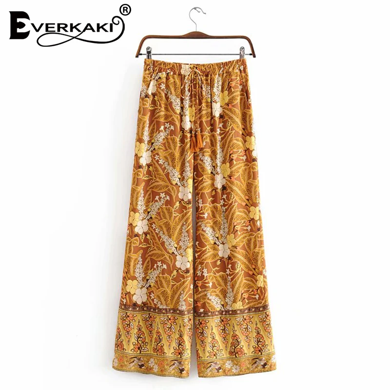 Женские свободные брюки Everkaki винтажные длинные с цветочным принтом и поясом на