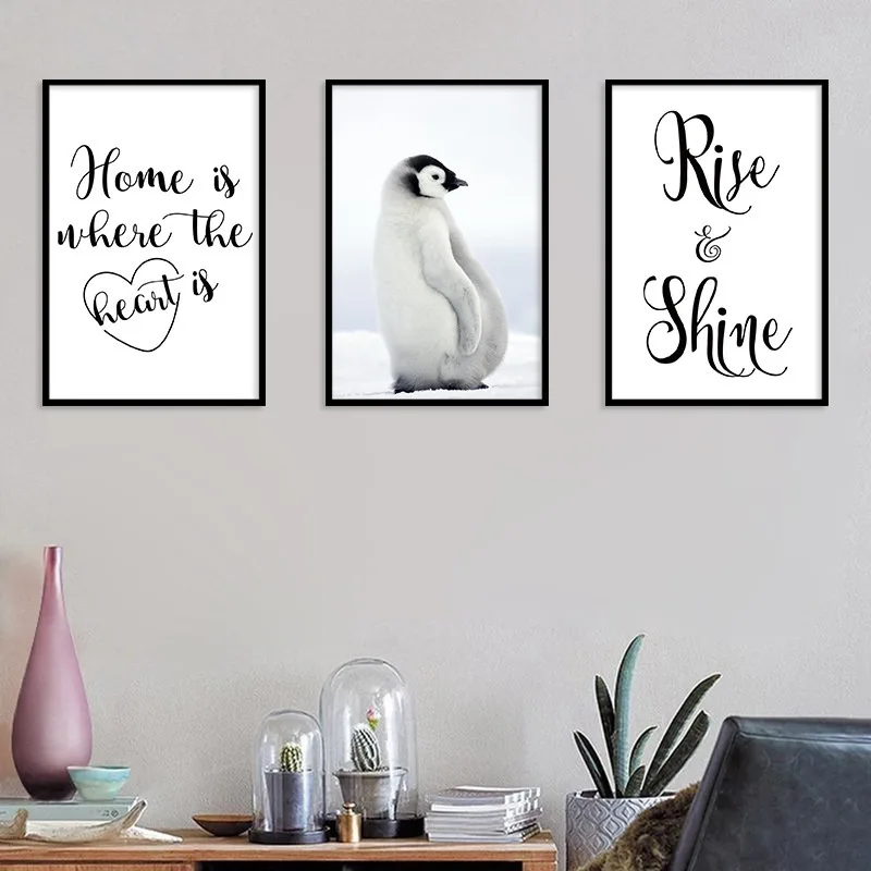 Nordic Modern Black and White Motto Letter Penguin Animal Canvas Painting Spray Color Poster Kids Baby Nursery Room Wall Picture | Дом и сад
