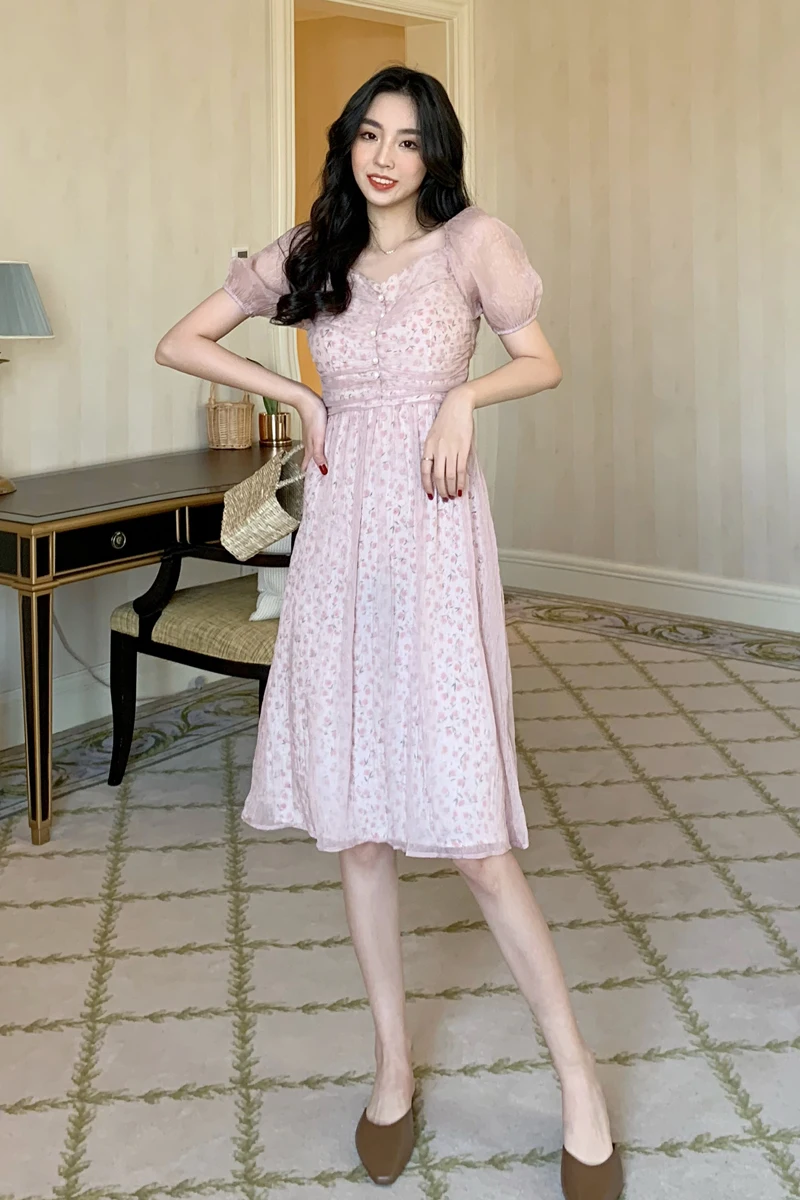 

COIGARSAM French Style Floral Print Women dress Chiffon Square Collar High Waist Dresses Pink 36882