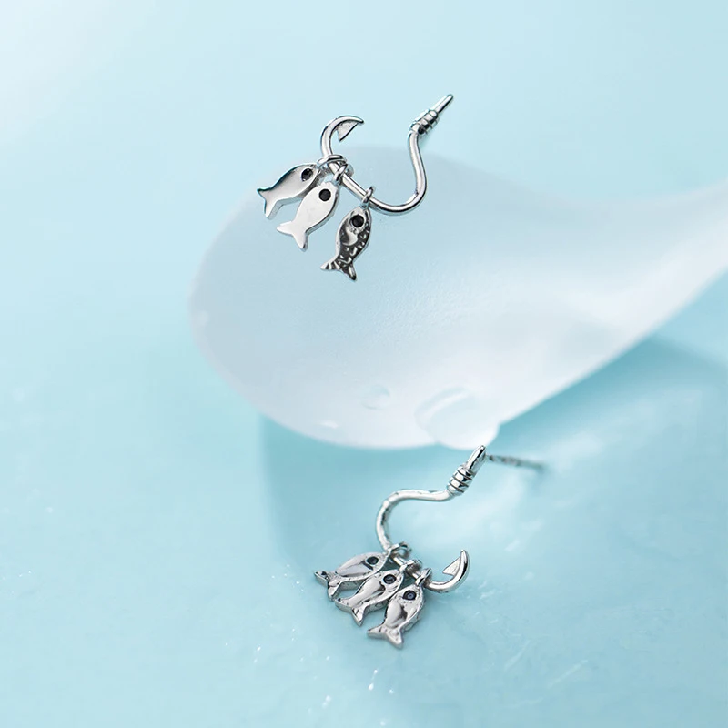 Modian Glossy Three Small Fish Hooks Earring for Women Gift Real 925 Sterling Silver Simple Animal Dangle Fine Jewelry | Украшения и