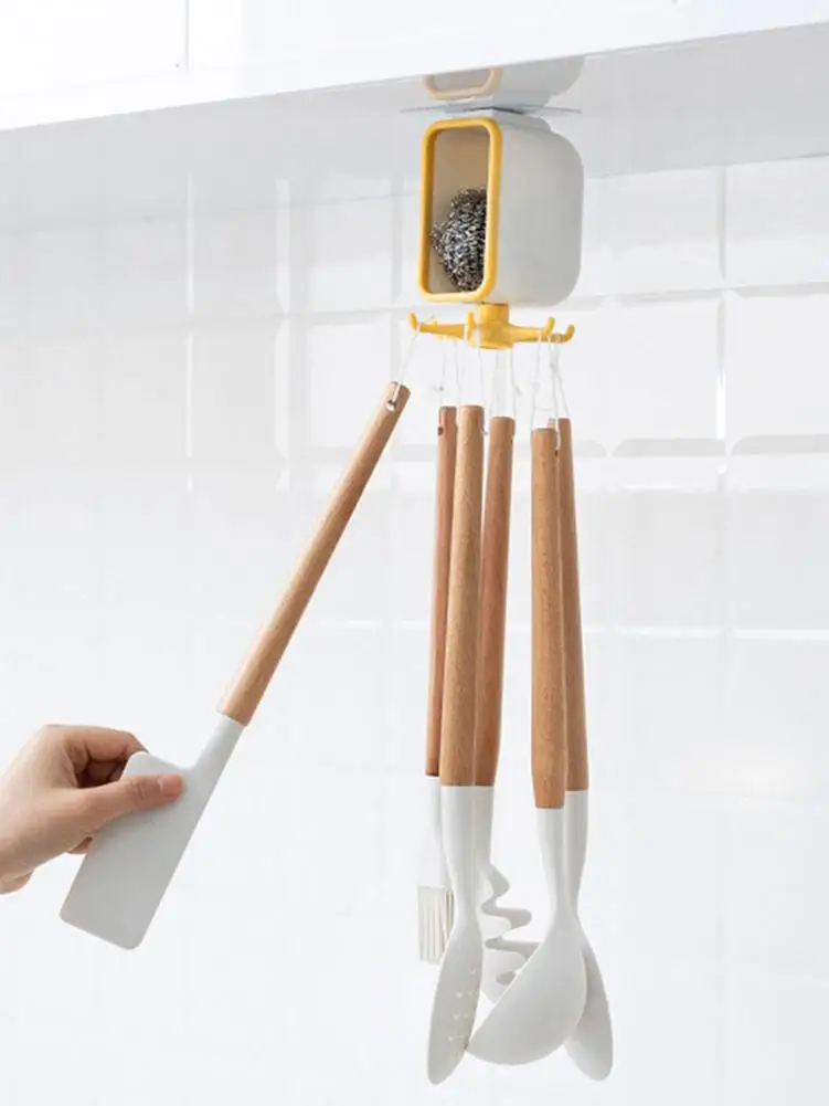 

Wall Mount Key Holder With Rotating Hooks Utensils Storage Hanger Kitchen Supplies For Hanging Spoons Towels Gloves Cookware Key