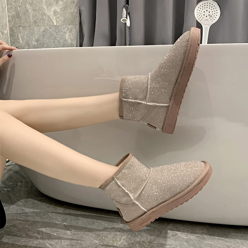 Женские зимние ботинки Блестящие женские новые теплые короткие мягкие плюшевые