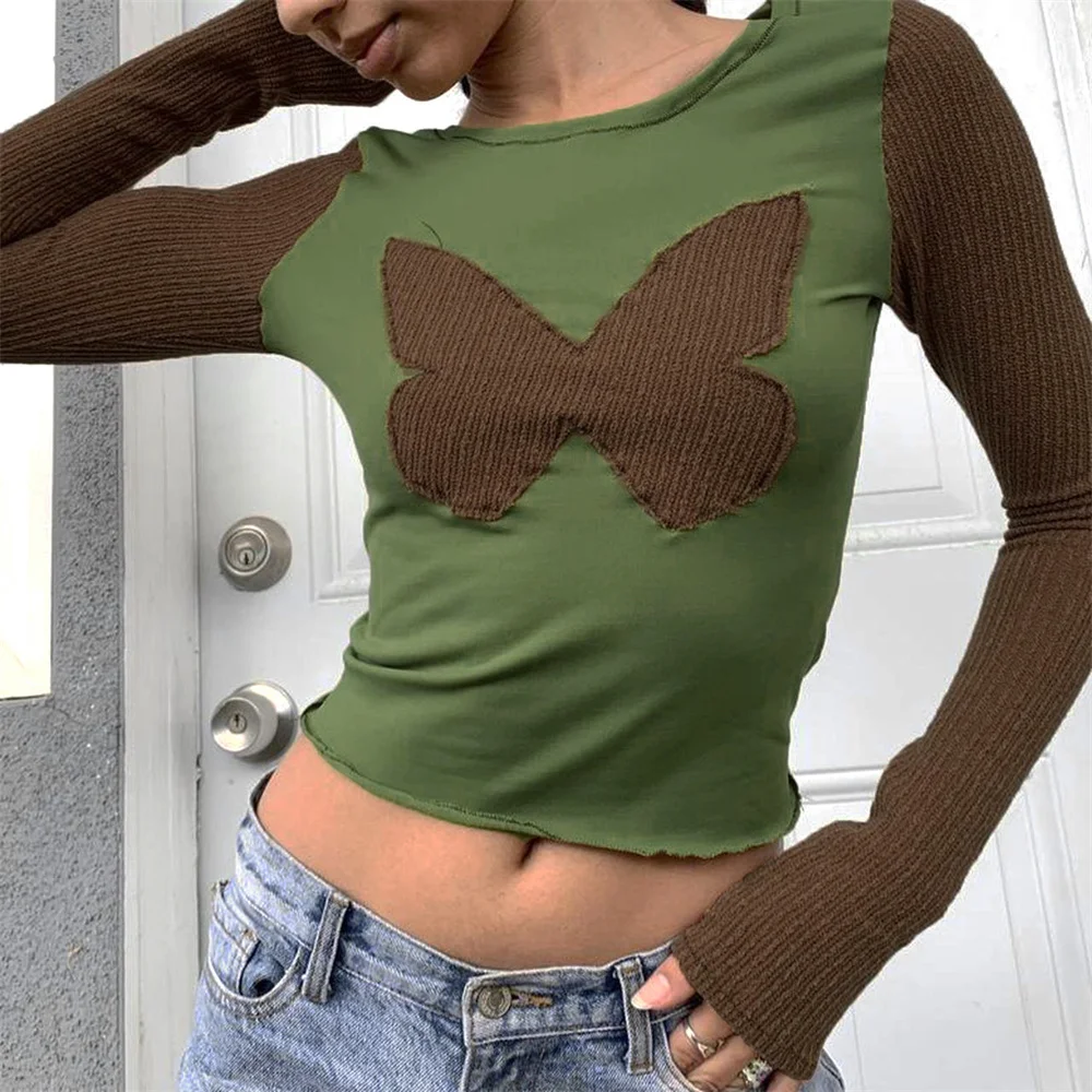 

Women's Round Neck Slim Fit Streetwear Crop Tops Spring Autumn Butterfly Graphic Patchwork Long Sleeve T-Shirts
