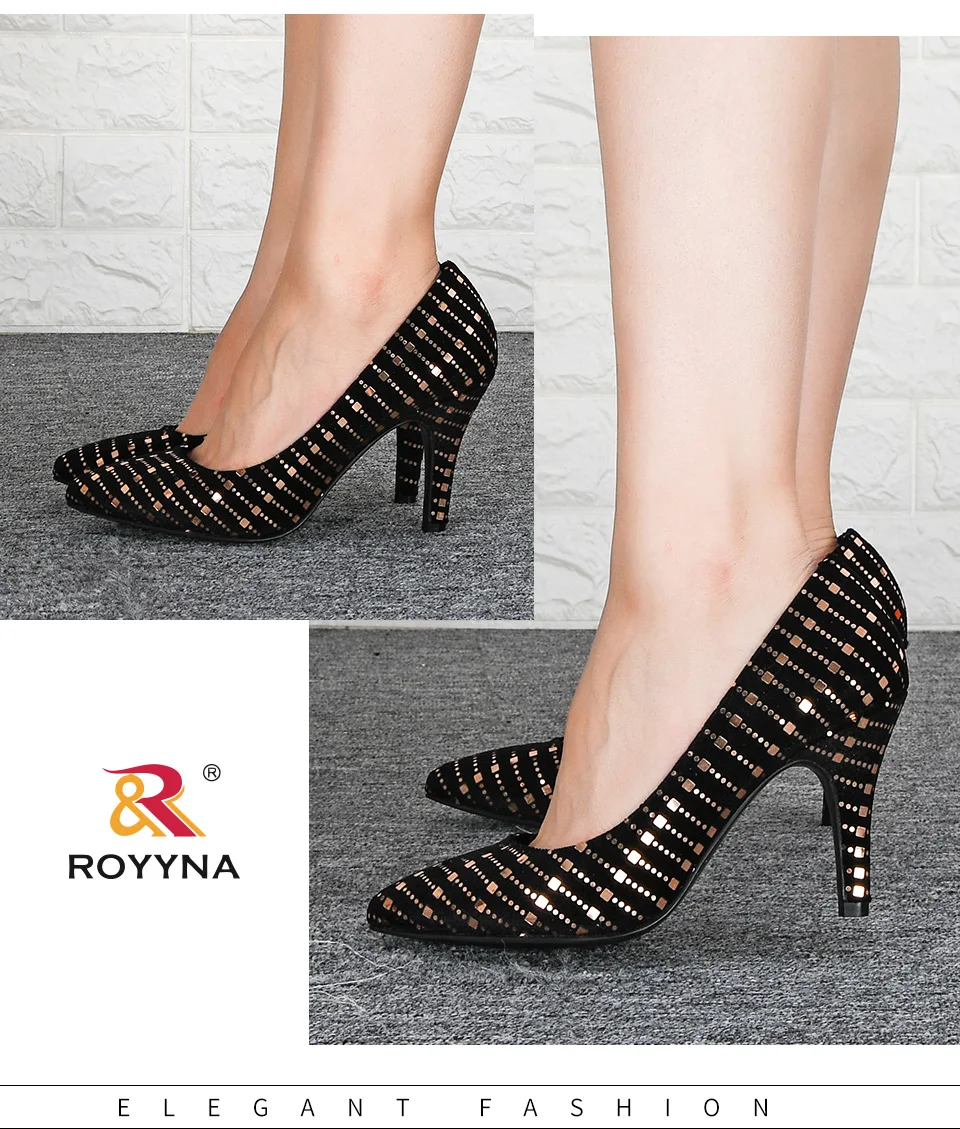 ROYYNA/Новинка года; дизайнерские женские туфли из флока на высоком металлическом каблуке; сезон осень; тонкие туфли с острым носком; женские удобные свадебные босоножки