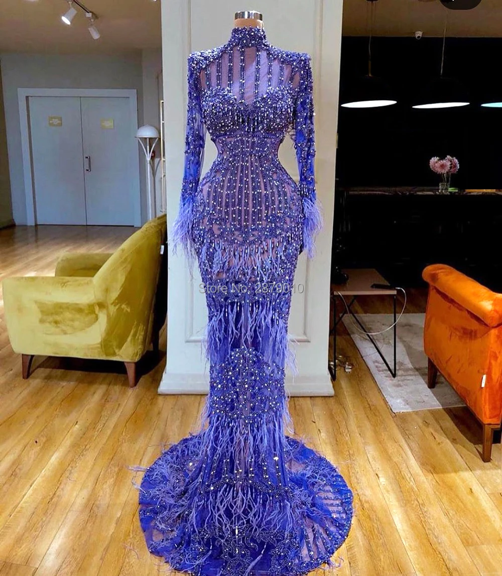 Lavender вечернее платье Русалка Длина до пола с длинным рукавом перо Robe De Soiree Aibye