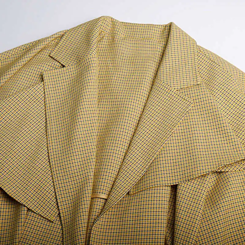 

{DEAT} Women Yellow Plaid Belt Draw Back New Lapel Long Sleeve Slim Fit Windbreaker Fashion Tide Autumn Winter 2021 7D0811