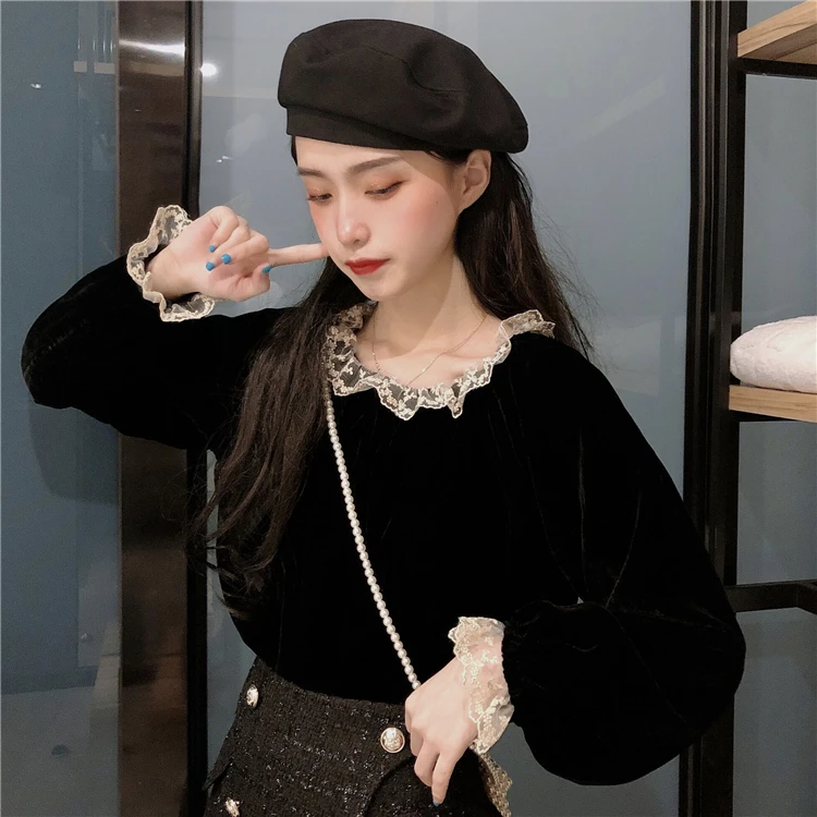 Женская однотонная блузка в японском стиле с длинным рукавом и кружевным