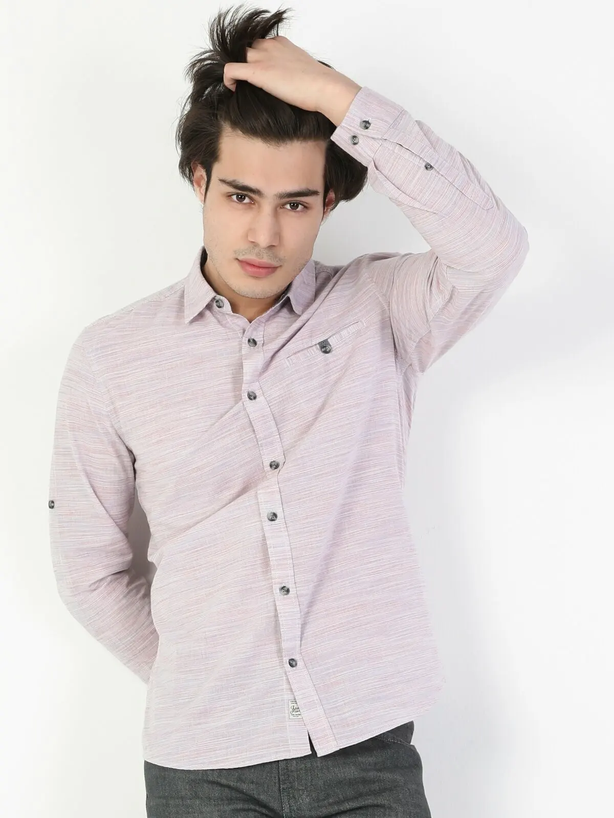 

Colins Men Slim Fit light Coral LongSleeve Shirt Male 'S fashion shirt men,CL1047555