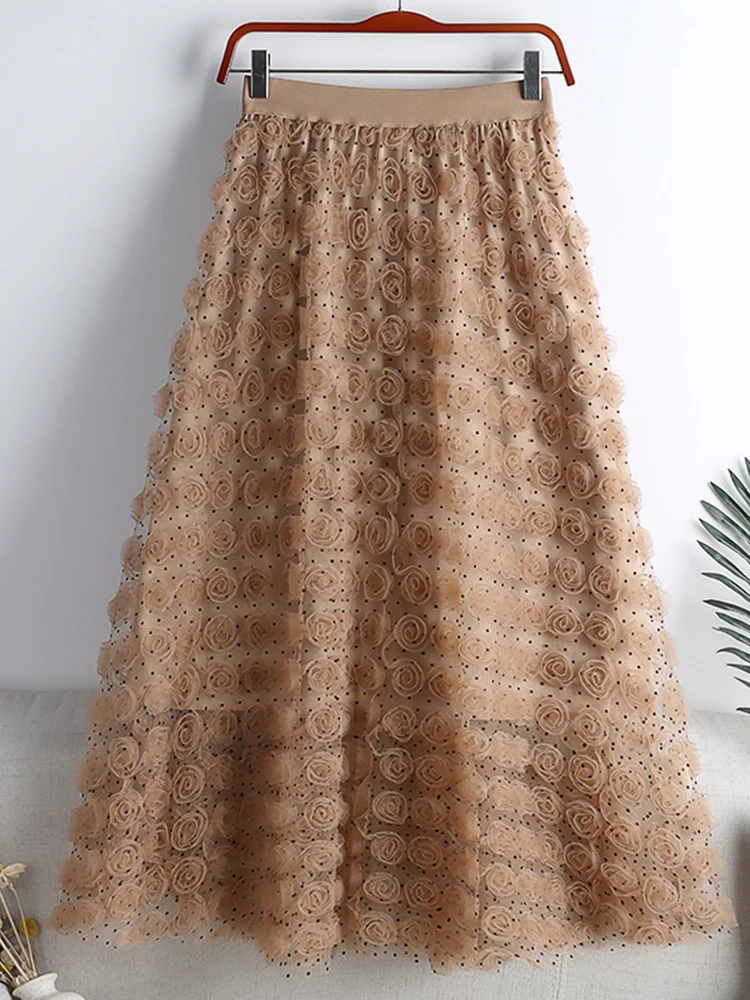 

TIGENA Fashionable Floral Mesh Long Skirt Women 2022 New Spring Elegant Solid A Line High Waist Maxi Skirt Female with Lined