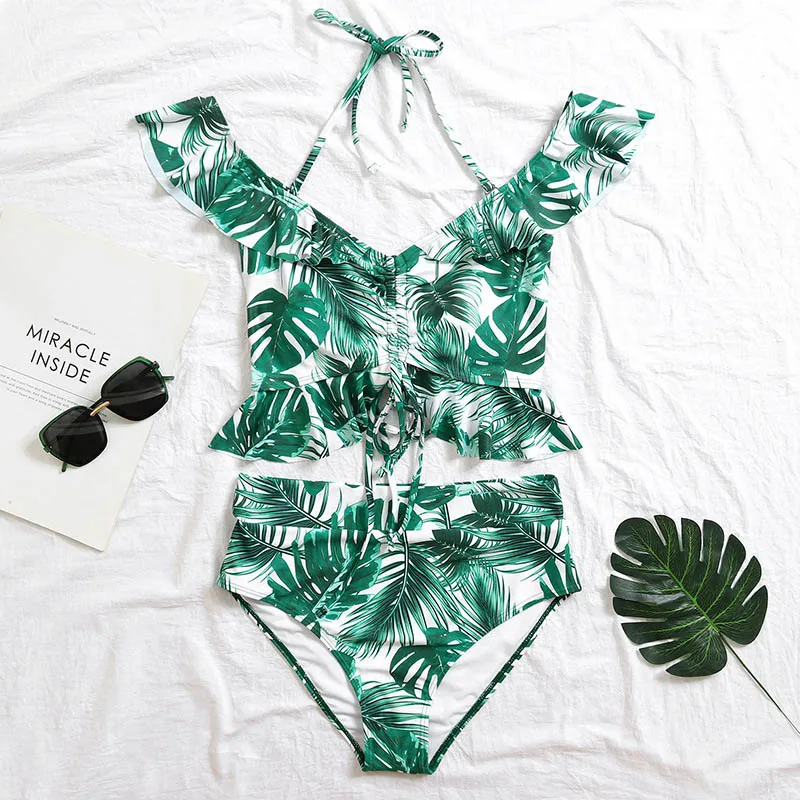 

Ruffled Hem Bikini Set Women Floral Off Shoulder High-waisted Two Piece Swimsuit 2021 Girl Beach Bathing Suit Swimwear Biquinis