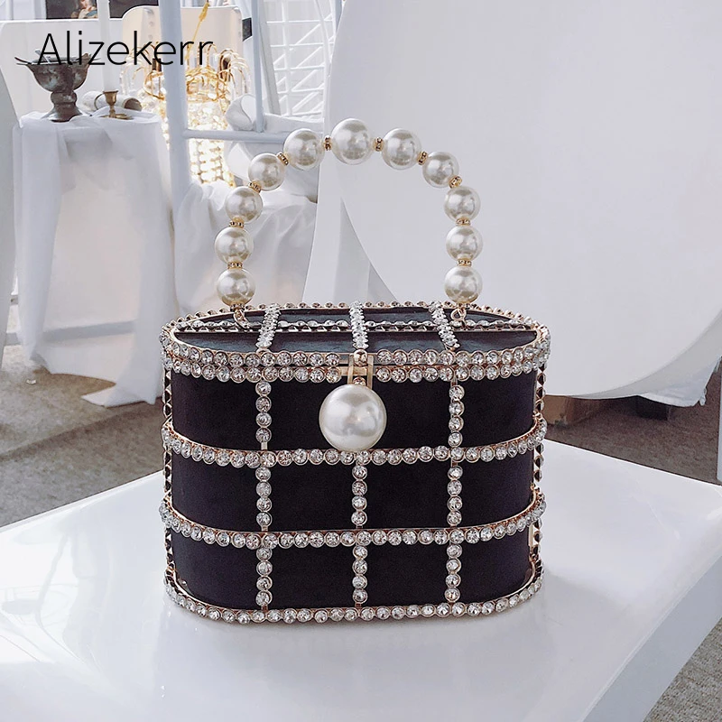 Pochette da sera con cesto di diamanti donna 2019 lusso scava fuori borse a gabbia metalliche con perline Preal borsa da festa per donna