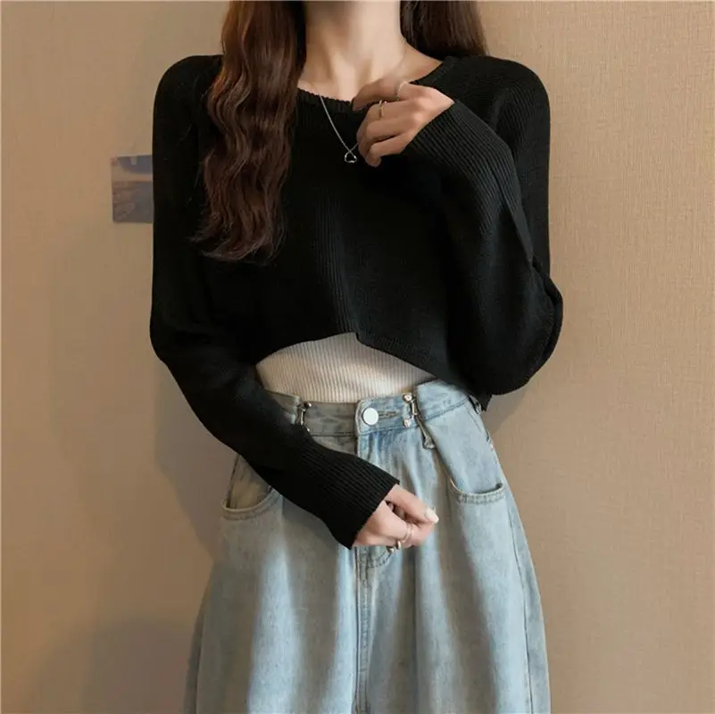 

Casual Pullover Women Autumn Knit Sweater Long Sleeve O-Neck Pullover Black Fashion Cropped Sweater Solid Loose mujer sute tops