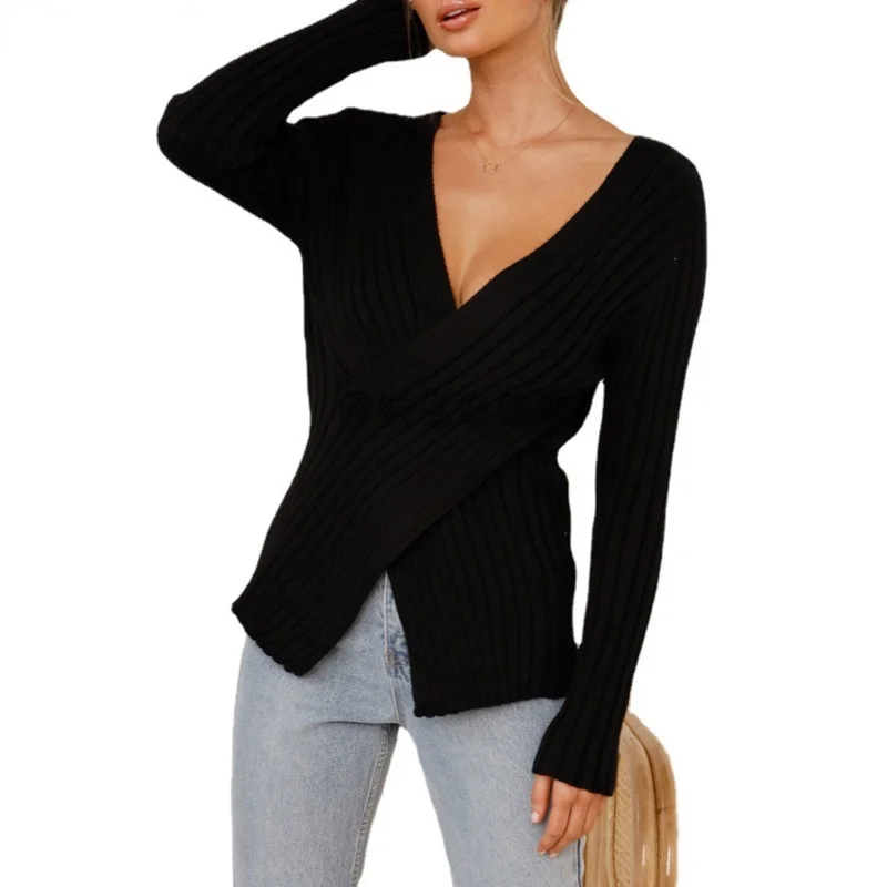 

Solid Color OL New Fall Winter Knitted Sweater V-neck Fashion Overhead Cross Sweater Women Tops Slim Casual Pullover