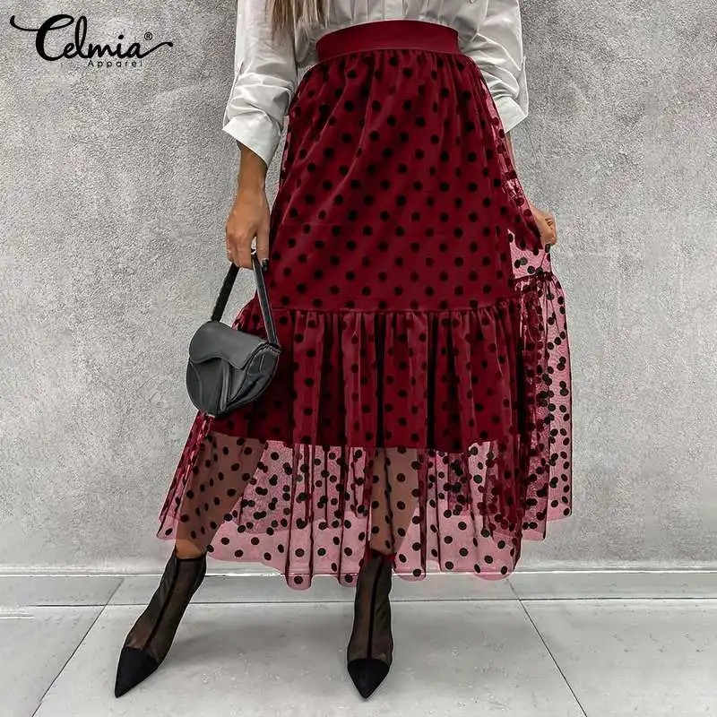 

2021 Summer Beach Party Skirt Women Sexy Mesh Shee Polka Dot Skirt Celmia Fashion High Waist skirt Casual skirts Mujer