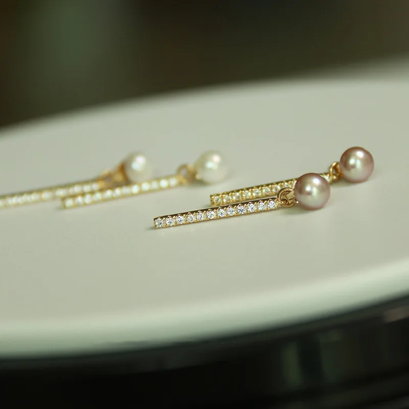 

2021 925 Sterling Silver Elegant Long Strips Drop Earrings Shiny Zircon White/Purple Pearl Ear Jewelry For Women Christmas Gifts