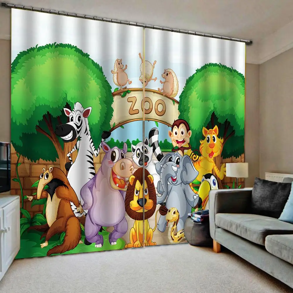 

Custom Cartoon Zoo Shower Curtain Fabric Bedroom Indoor Decor For Children's room Window Curtains （Left and right side ）