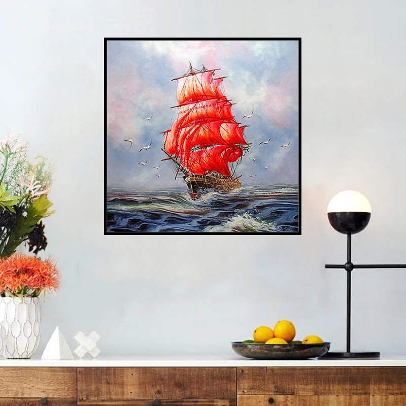 Алмазная живопись красный парусник и Чайка алмазная вышивка Стразы домашний