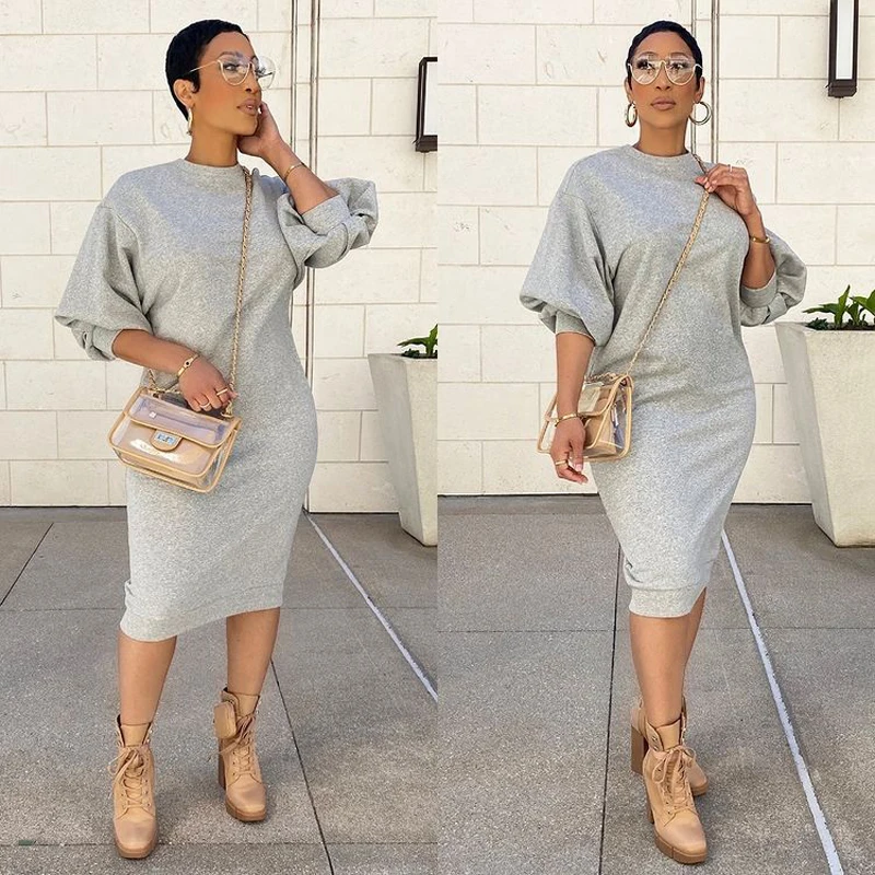 

2021 European and American Fashion Autumn New Long-sleeved Lantern Sleeves Loose Long Plus Size Sweater Dress
